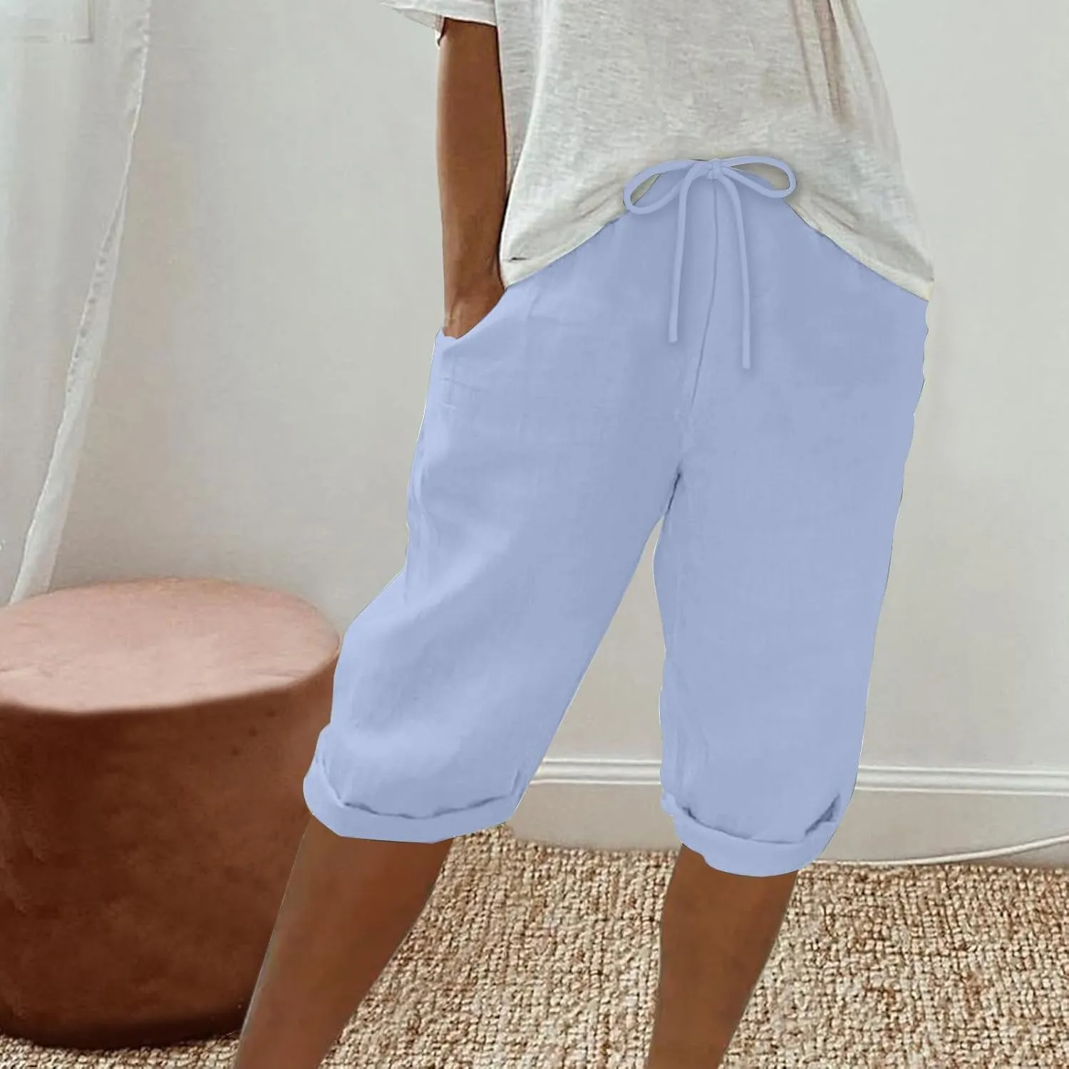 Women's Casual Shorts Linen Pants with Drawstring Waist Bermuda Comfortable Loose Fit Summer Trousers Stylish Bottoms