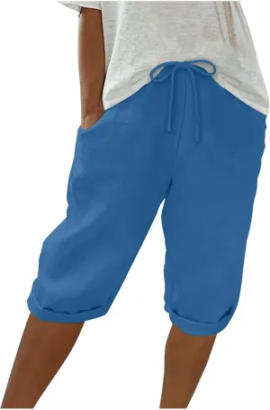 Women's Casual Shorts Linen Pants with Drawstring Waist Bermuda Comfortable Loose Fit Summer Trousers Stylish Bottoms