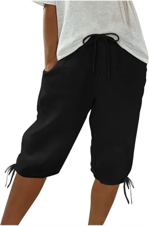 Women's Casual Shorts Linen Pants with Drawstring Waist Bermuda Comfortable Loose Fit Summer Trousers Stylish Bottoms