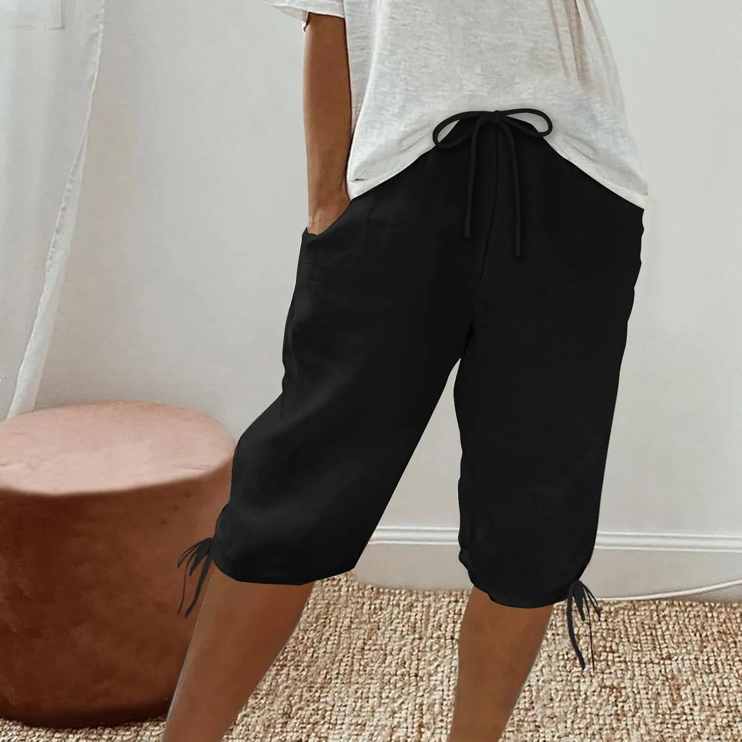Women's Casual Shorts Linen Pants with Drawstring Waist Bermuda Comfortable Loose Fit Summer Trousers Stylish Bottoms