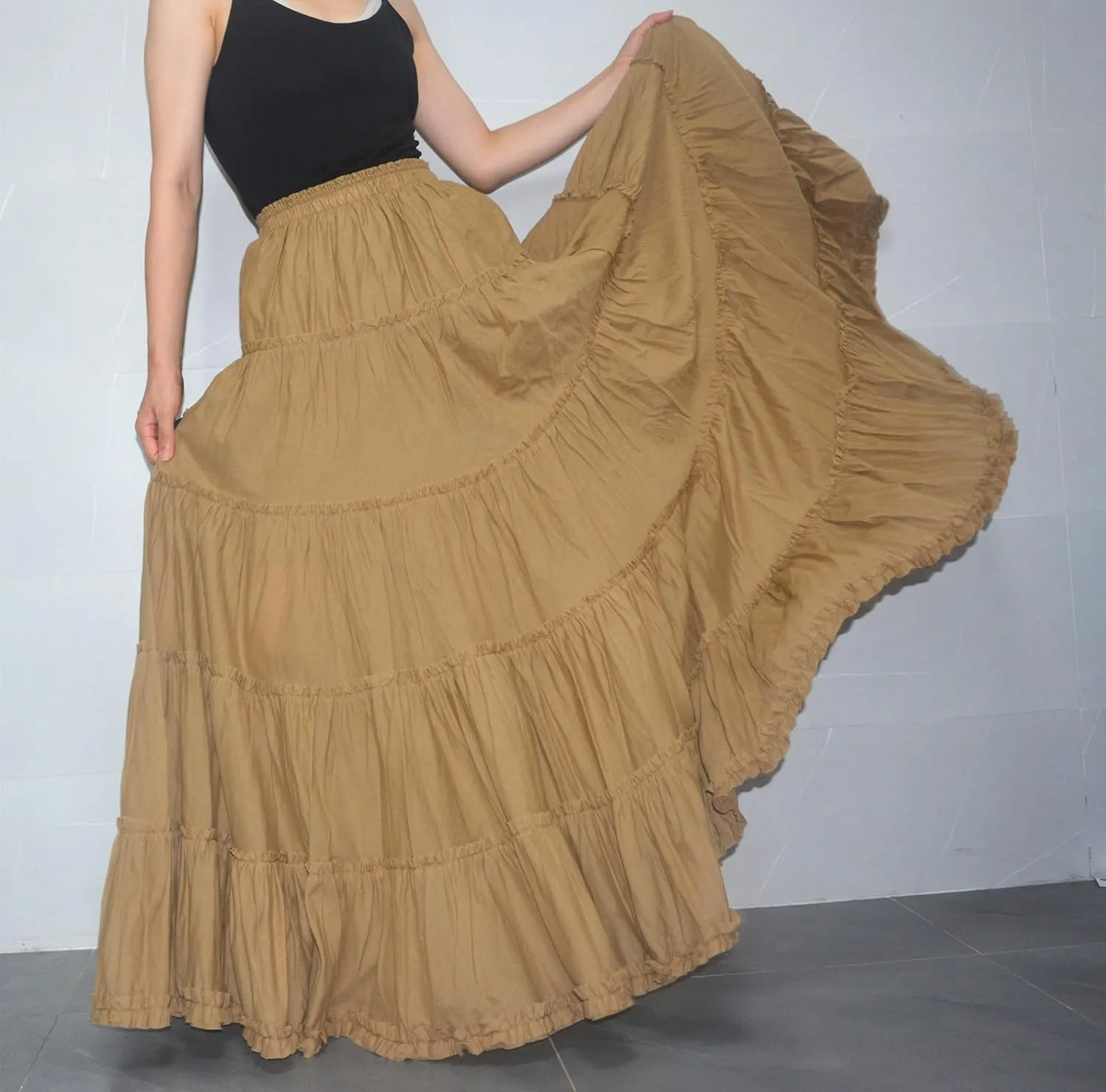 Women's Cotton 5 Tiered A Line Pleated Maxi Skirt Long Boho Gypsy Dance Skirts