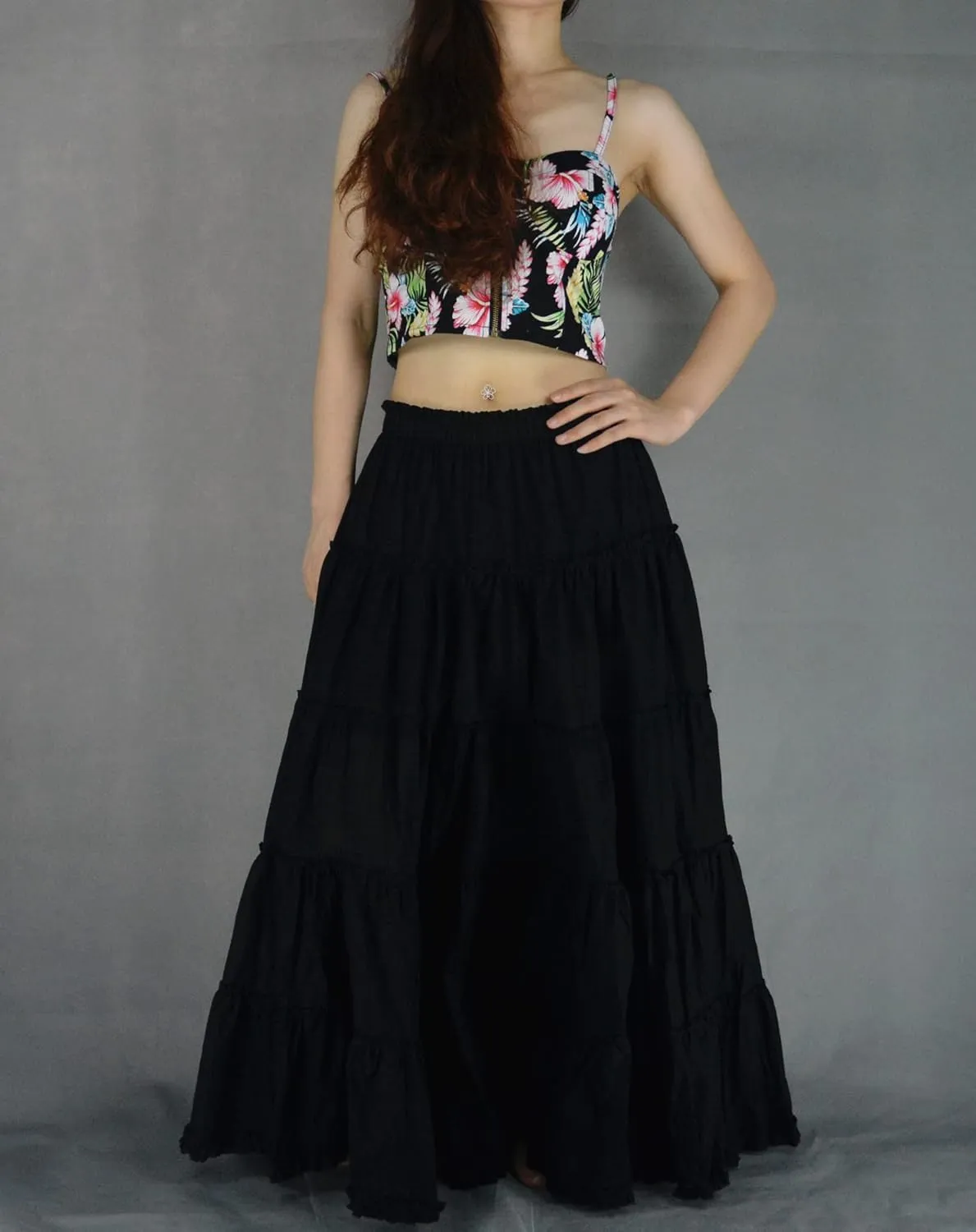 Women's Cotton 5 Tiered A Line Pleated Maxi Skirt Long Boho Gypsy Dance Skirts