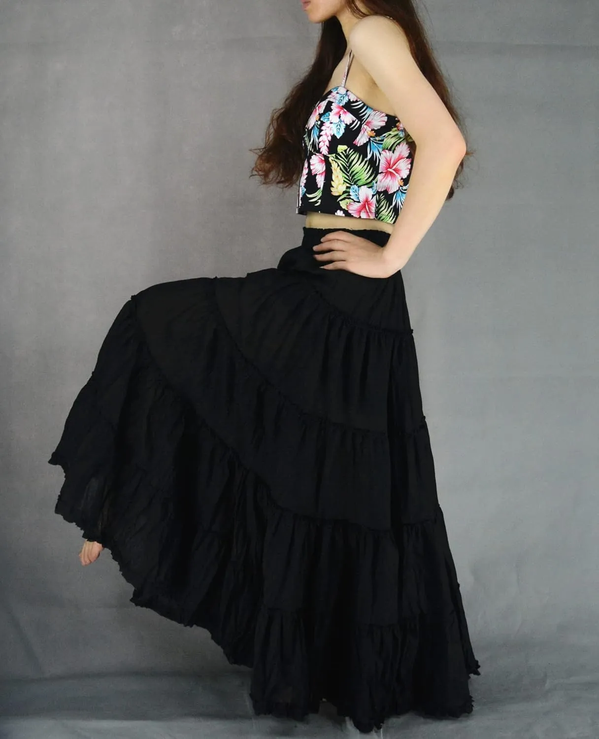 Women's Cotton 5 Tiered A Line Pleated Maxi Skirt Long Boho Gypsy Dance Skirts