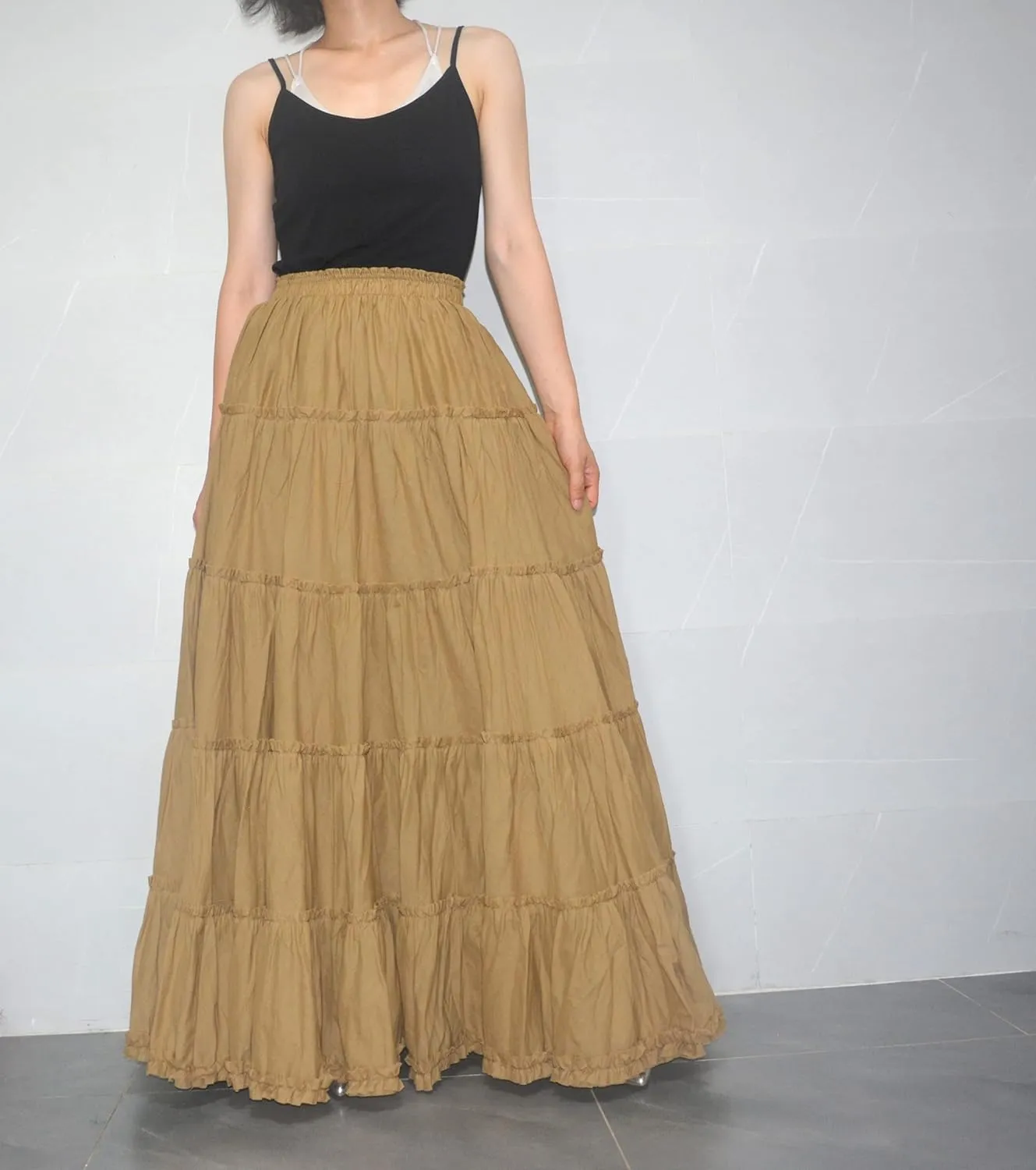 Women's Cotton 5 Tiered A Line Pleated Maxi Skirt Long Boho Gypsy Dance Skirts