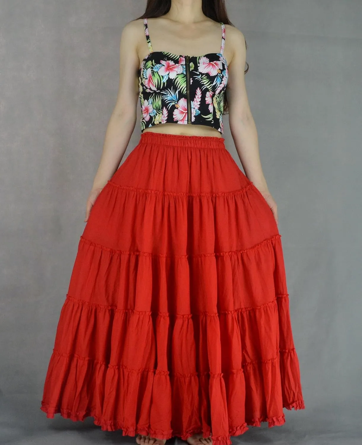 Women's Cotton 5 Tiered A Line Pleated Maxi Skirt Long Boho Gypsy Dance Skirts