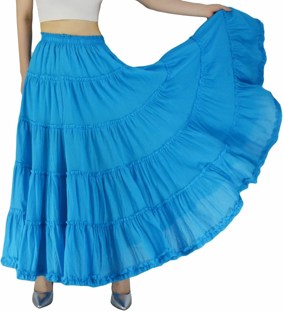 Women's Cotton 5 Tiered A Line Pleated Maxi Skirt Long Boho Gypsy Dance Skirts