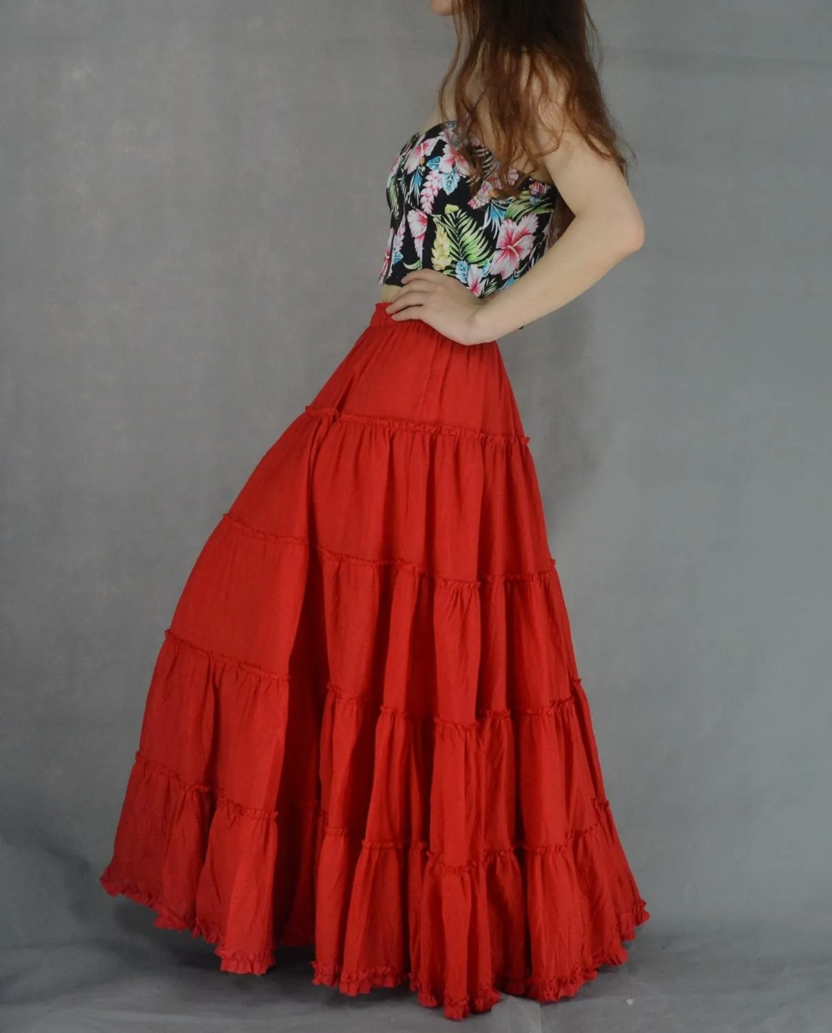 Women's Cotton 5 Tiered A Line Pleated Maxi Skirt Long Boho Gypsy Dance Skirts