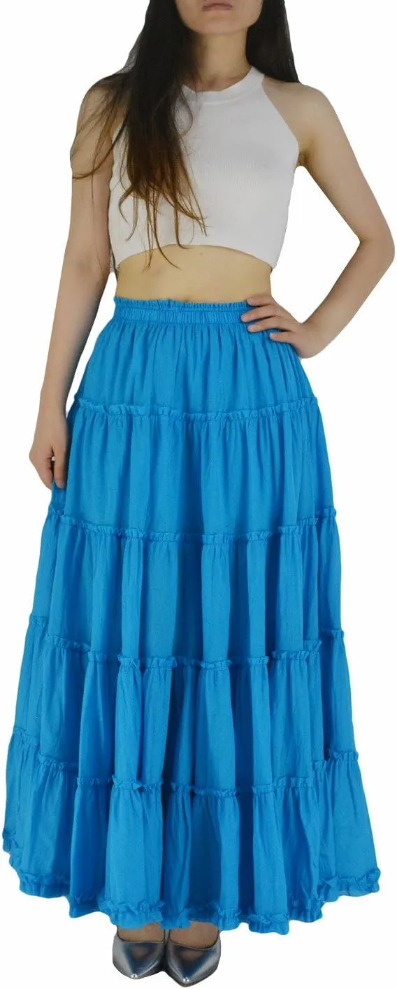Women's Cotton 5 Tiered A Line Pleated Maxi Skirt Long Boho Gypsy Dance Skirts