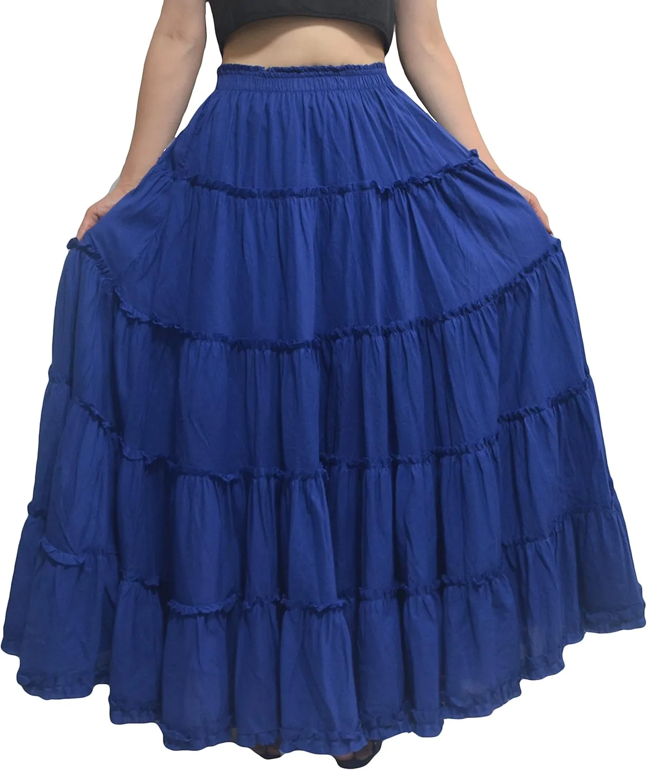 Women's Cotton 5 Tiered A Line Pleated Maxi Skirt Long Boho Gypsy Dance Skirts