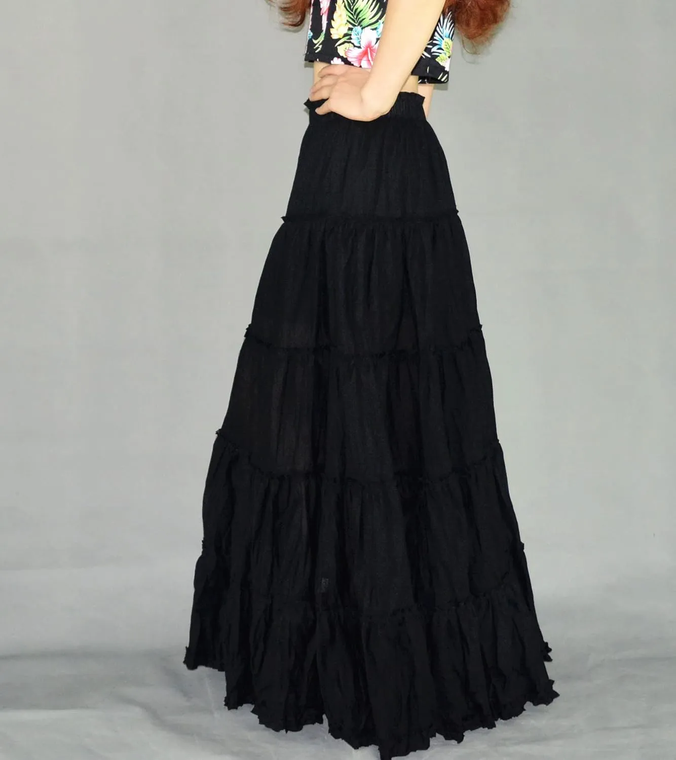 Women's Cotton 5 Tiered A Line Pleated Maxi Skirt Long Boho Gypsy Dance Skirts