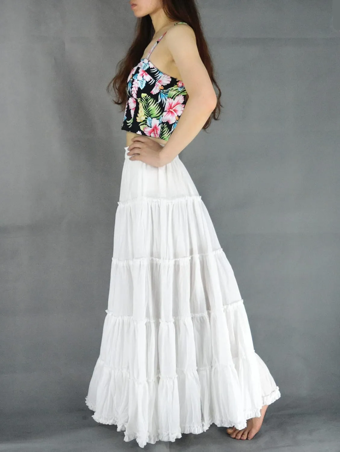 Women's Cotton 5 Tiered A Line Pleated Maxi Skirt Long Boho Gypsy Dance Skirts