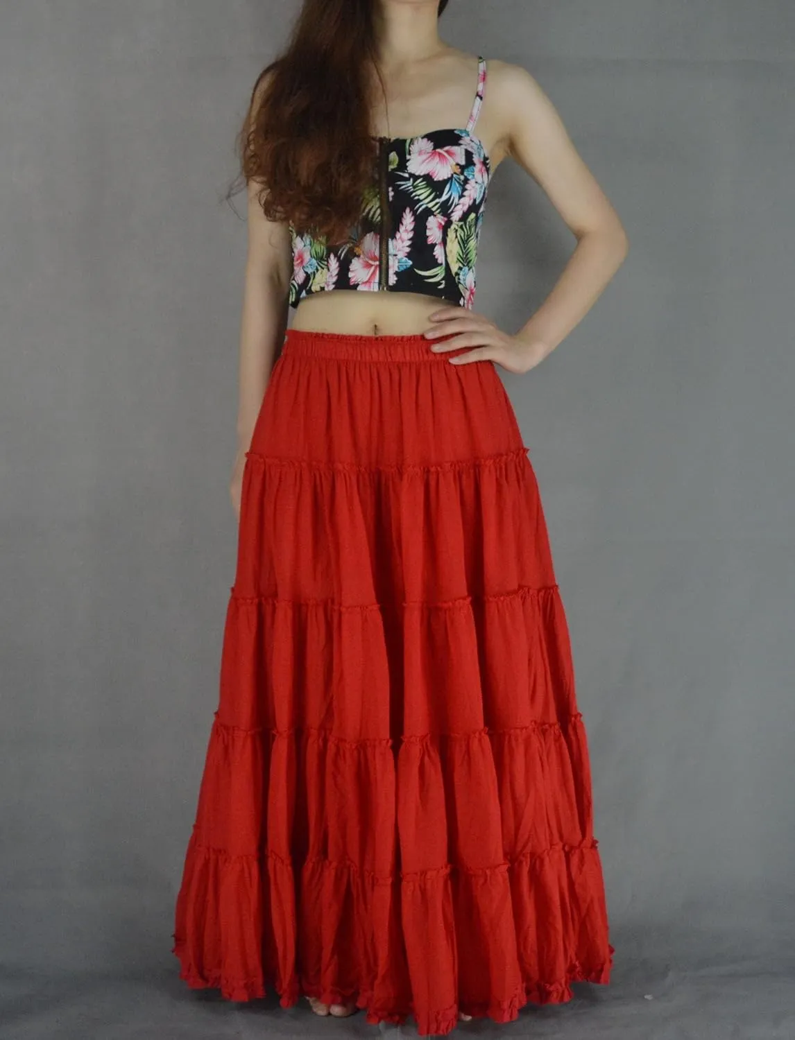 Women's Cotton 5 Tiered A Line Pleated Maxi Skirt Long Boho Gypsy Dance Skirts
