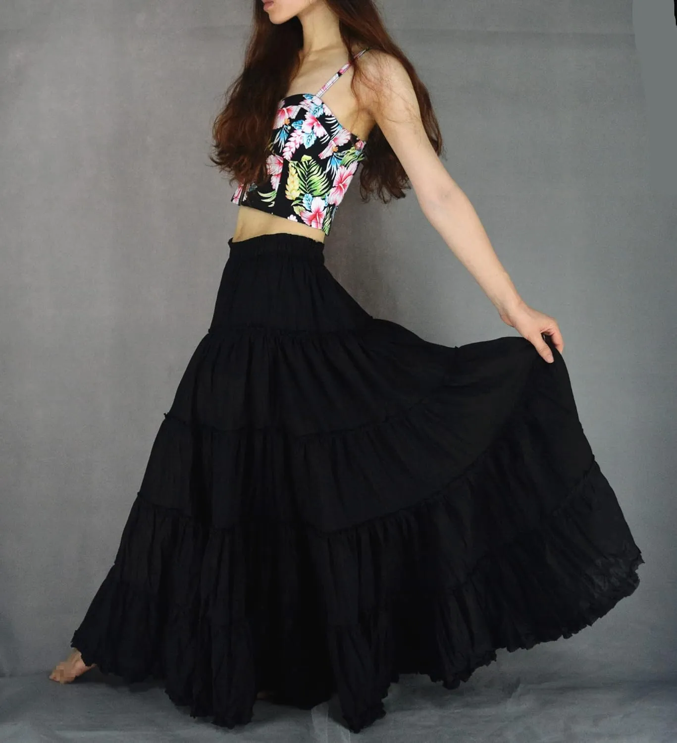 Women's Cotton 5 Tiered A Line Pleated Maxi Skirt Long Boho Gypsy Dance Skirts