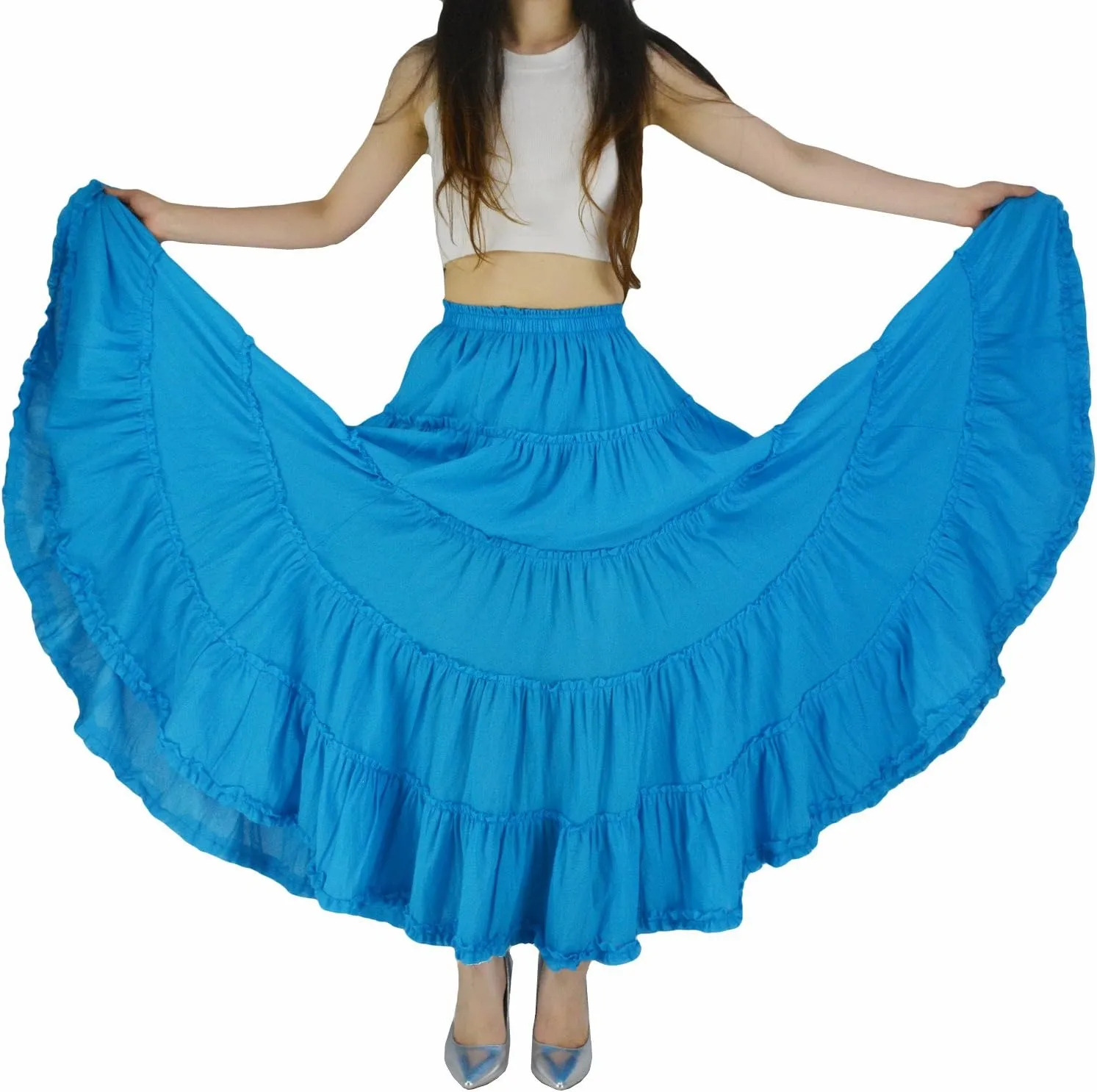 Women's Cotton 5 Tiered A Line Pleated Maxi Skirt Long Boho Gypsy Dance Skirts