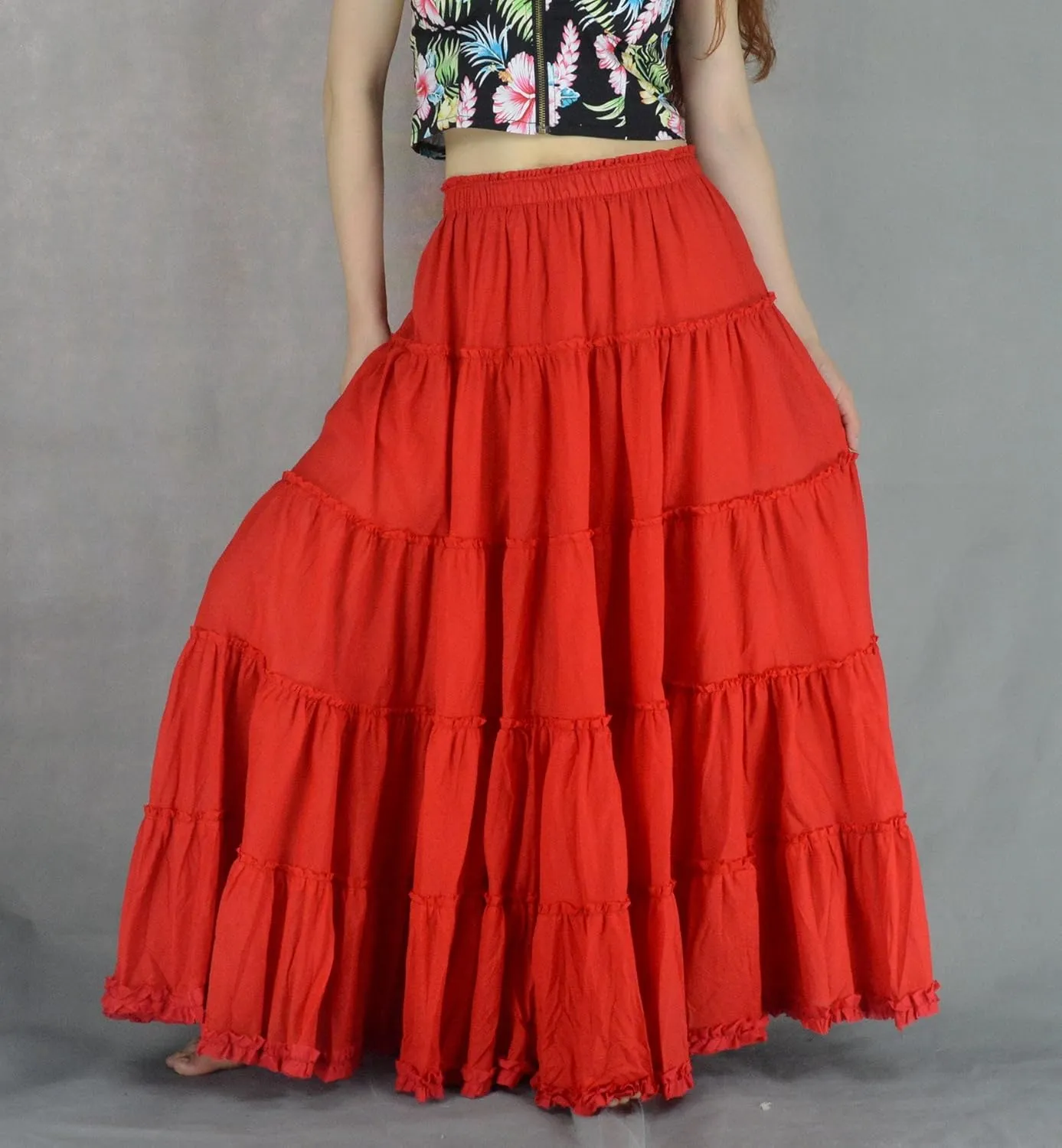 Women's Cotton 5 Tiered A Line Pleated Maxi Skirt Long Boho Gypsy Dance Skirts