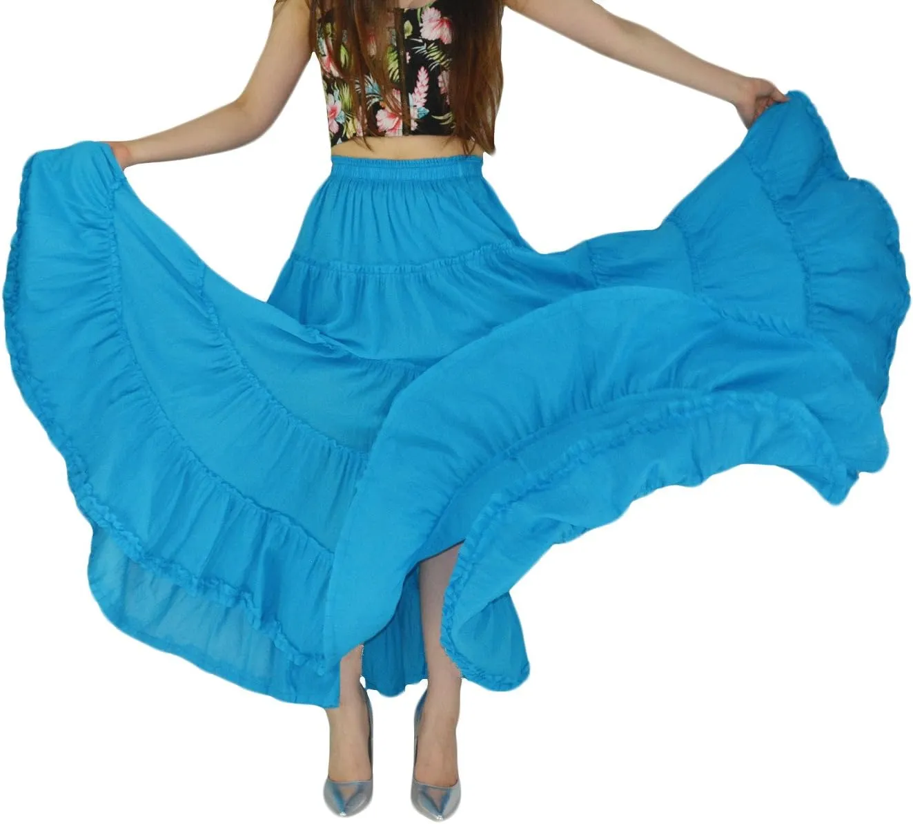 Women's Cotton 5 Tiered A Line Pleated Maxi Skirt Long Boho Gypsy Dance Skirts