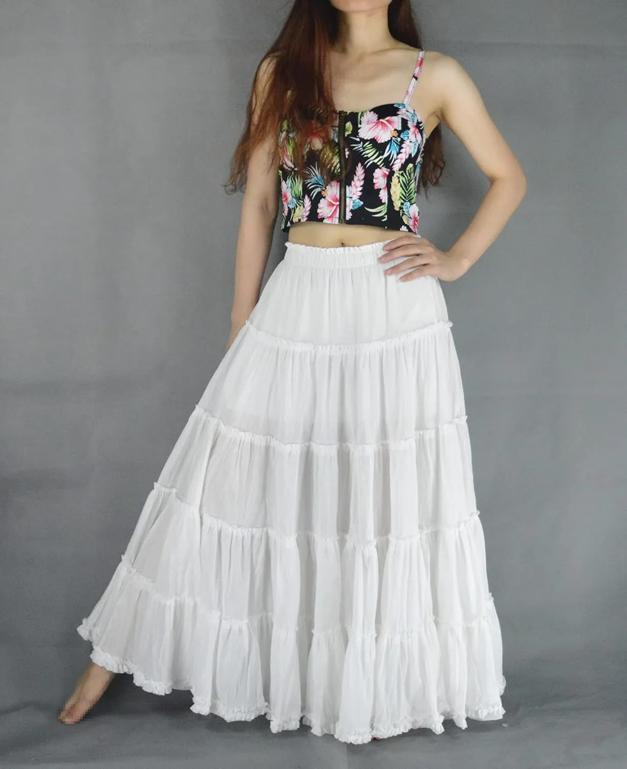 Women's Cotton 5 Tiered A Line Pleated Maxi Skirt Long Boho Gypsy Dance Skirts