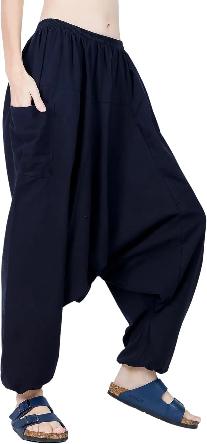 Women's Cotton Harem Pants with Pockets - Casual Elastic Waist Boho Pants, Soft Comfortable Travel & Daily Wear