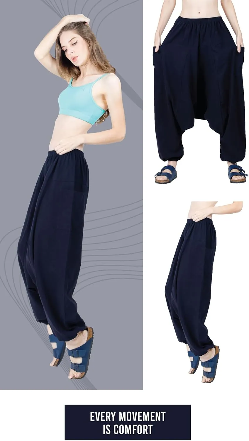 Women's Cotton Harem Pants with Pockets - Casual Elastic Waist Boho Pants, Soft Comfortable Travel & Daily Wear