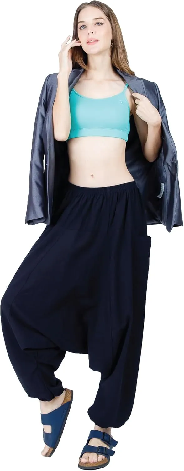 Women's Cotton Harem Pants with Pockets - Casual Elastic Waist Boho Pants, Soft Comfortable Travel & Daily Wear