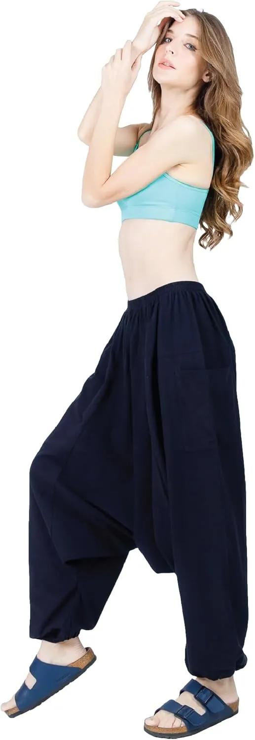 Women's Cotton Harem Pants with Pockets - Casual Elastic Waist Boho Pants, Soft Comfortable Travel & Daily Wear