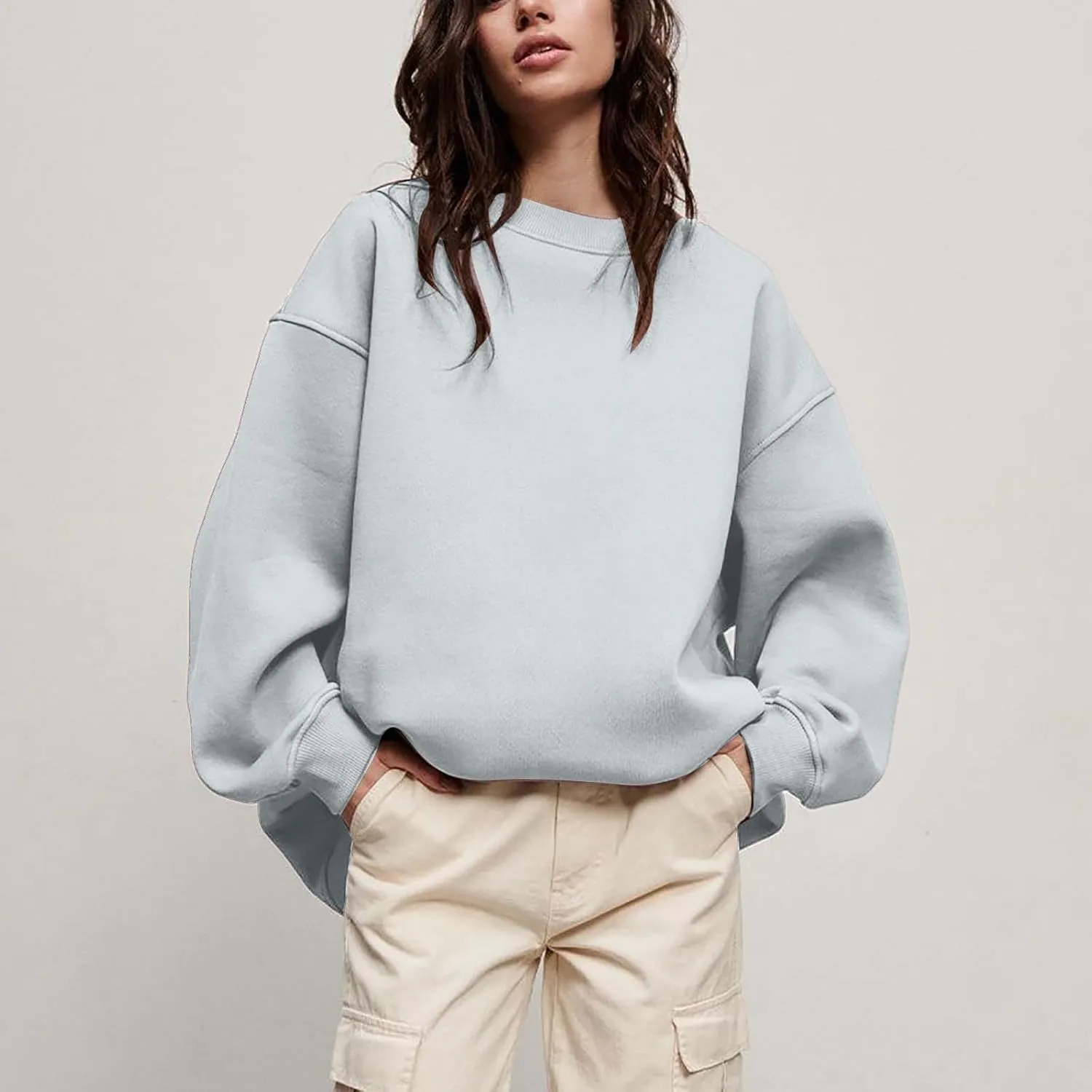 Womens Crew Neck Solid Color Sweatshirts Tops Long Sleeve Casual Pullover Cute Lightweight Loose Tops Fall Winter