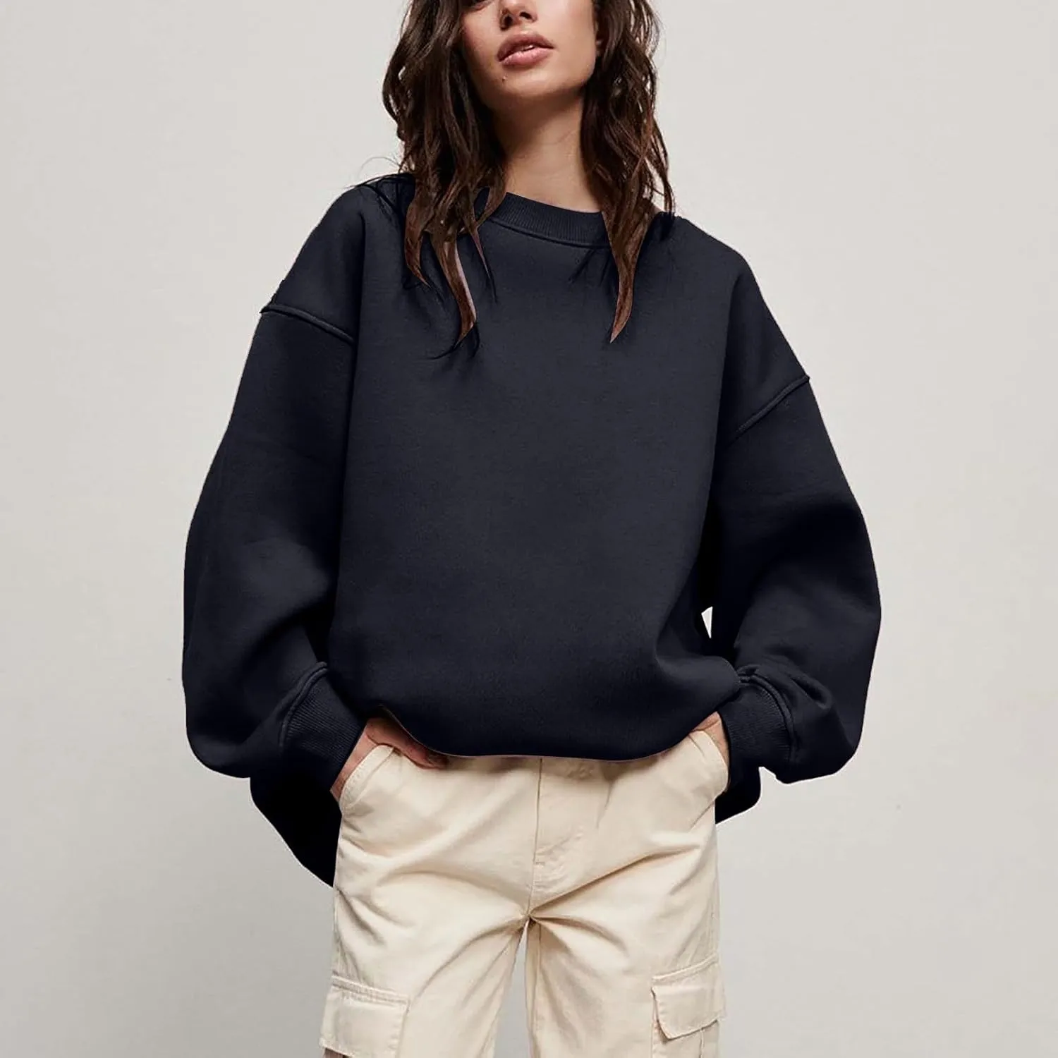 Womens Crew Neck Solid Color Sweatshirts Tops Long Sleeve Casual Pullover Cute Lightweight Loose Tops Fall Winter