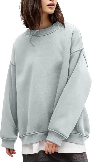 Womens Crew Neck Solid Color Sweatshirts Tops Long Sleeve Casual Pullover Cute Lightweight Loose Tops Fall Winter
