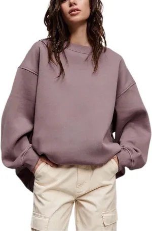 Womens Crew Neck Solid Color Sweatshirts Tops Long Sleeve Casual Pullover Cute Lightweight Loose Tops Fall Winter