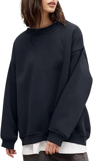 Womens Crew Neck Solid Color Sweatshirts Tops Long Sleeve Casual Pullover Cute Lightweight Loose Tops Fall Winter