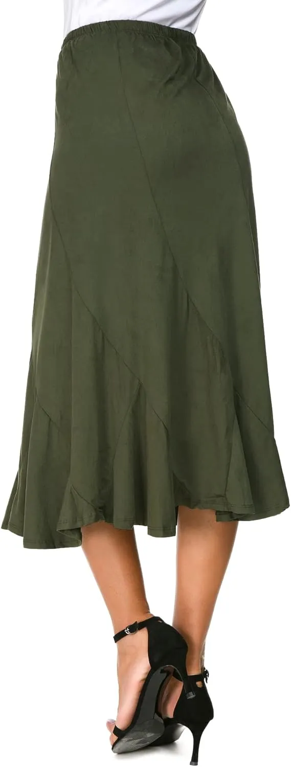 Women's Elegant Ankle Length Ruffle Hem Elastic Waist Suede Midi Skirt