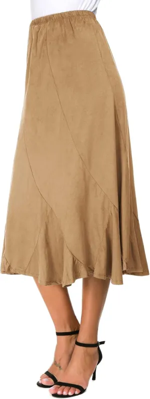Women's Elegant Ankle Length Ruffle Hem Elastic Waist Suede Midi Skirt