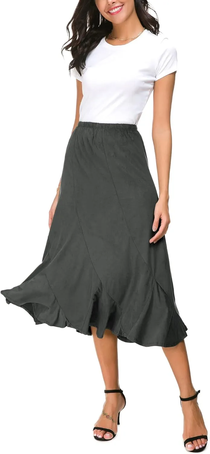 Women's Elegant Ankle Length Ruffle Hem Elastic Waist Suede Midi Skirt