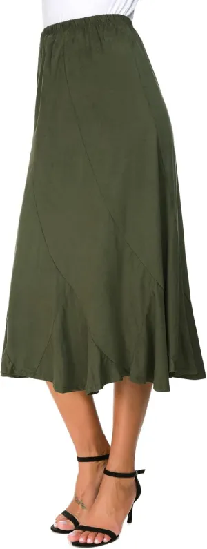 Women's Elegant Ankle Length Ruffle Hem Elastic Waist Suede Midi Skirt