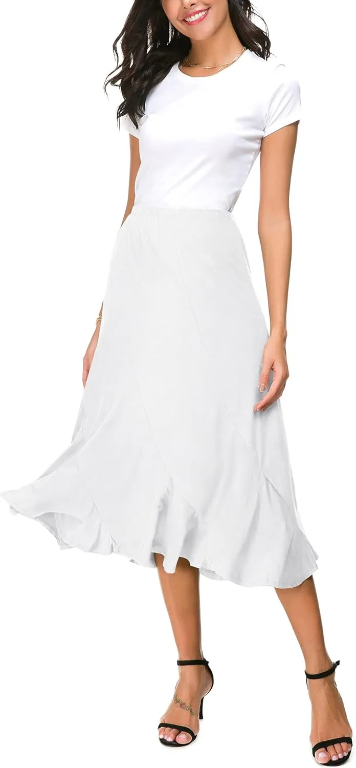 Women's Elegant Ankle Length Ruffle Hem Elastic Waist Suede Midi Skirt