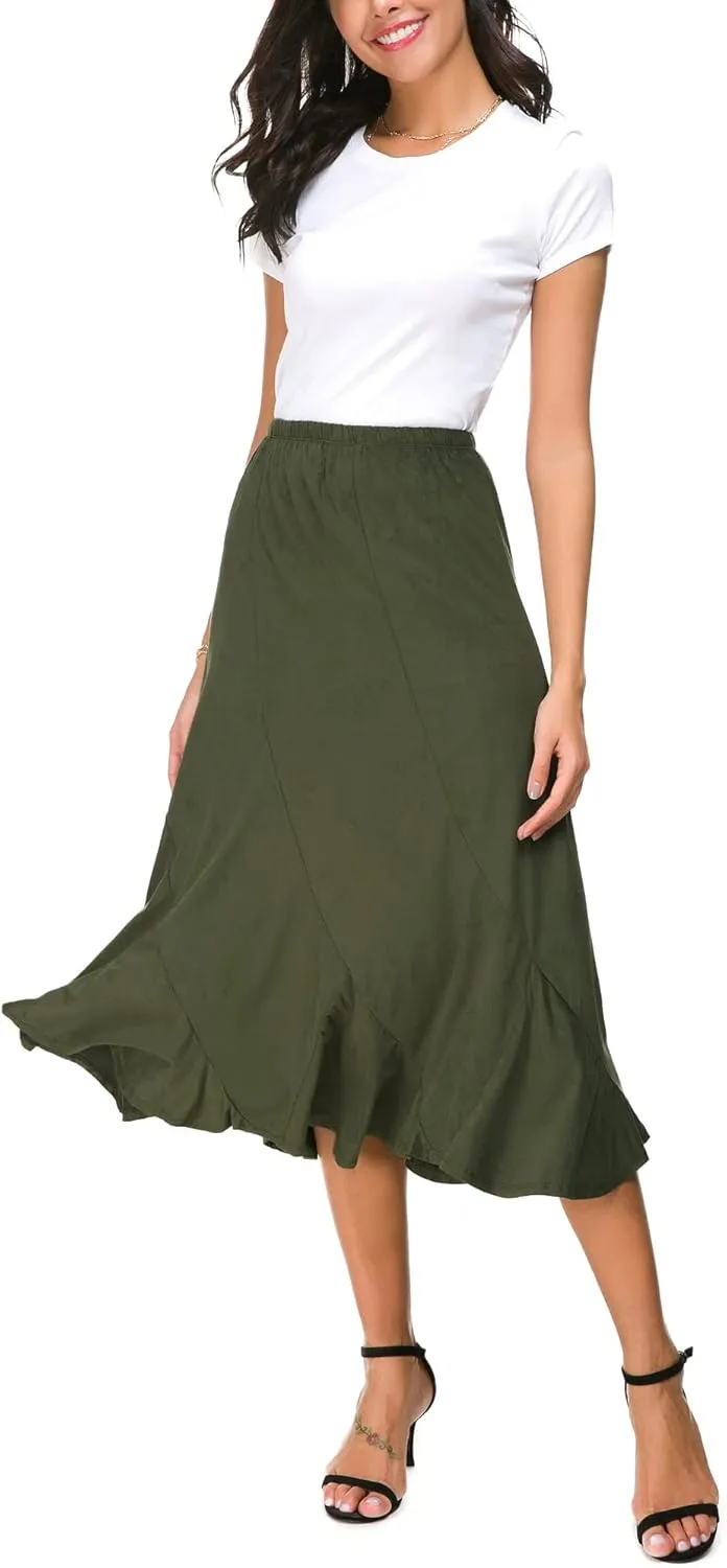 Women's Elegant Ankle Length Ruffle Hem Elastic Waist Suede Midi Skirt