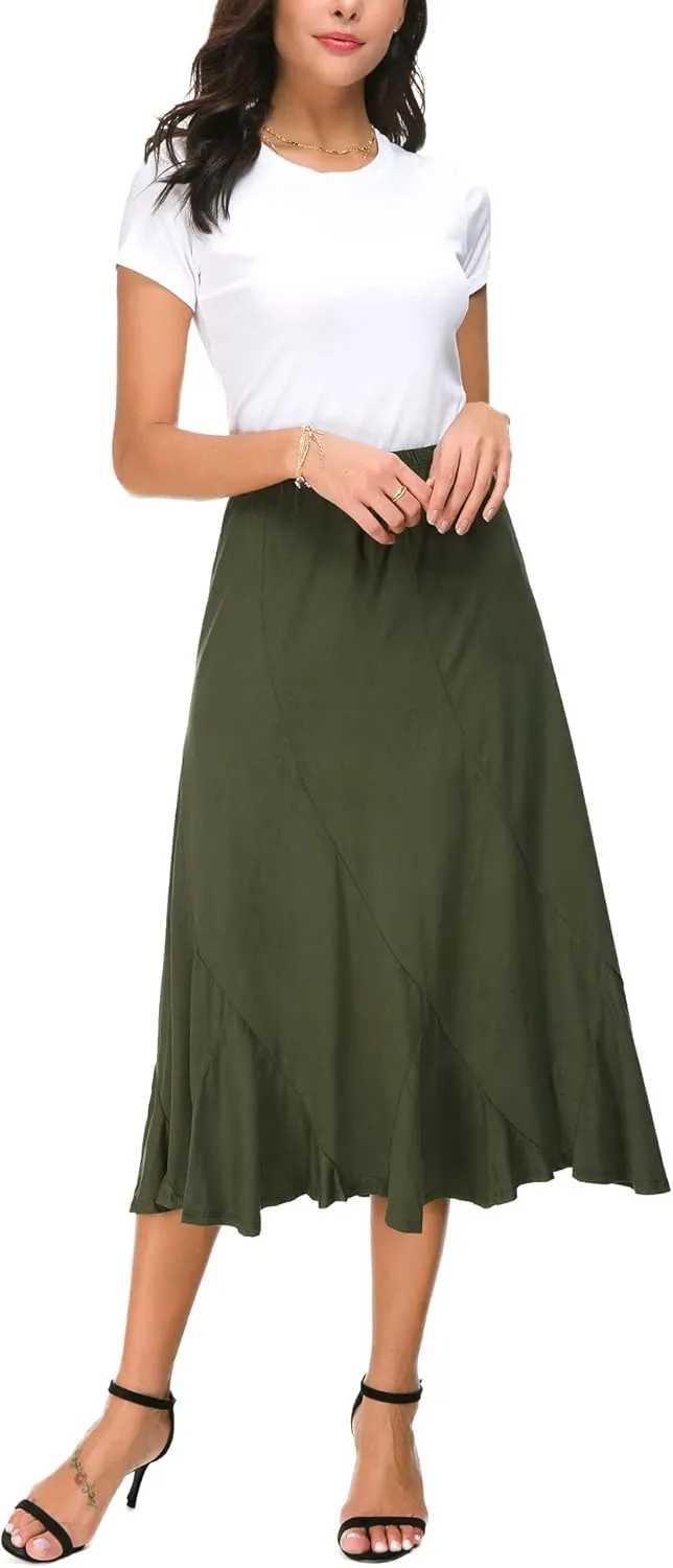 Women's Elegant Ankle Length Ruffle Hem Elastic Waist Suede Midi Skirt