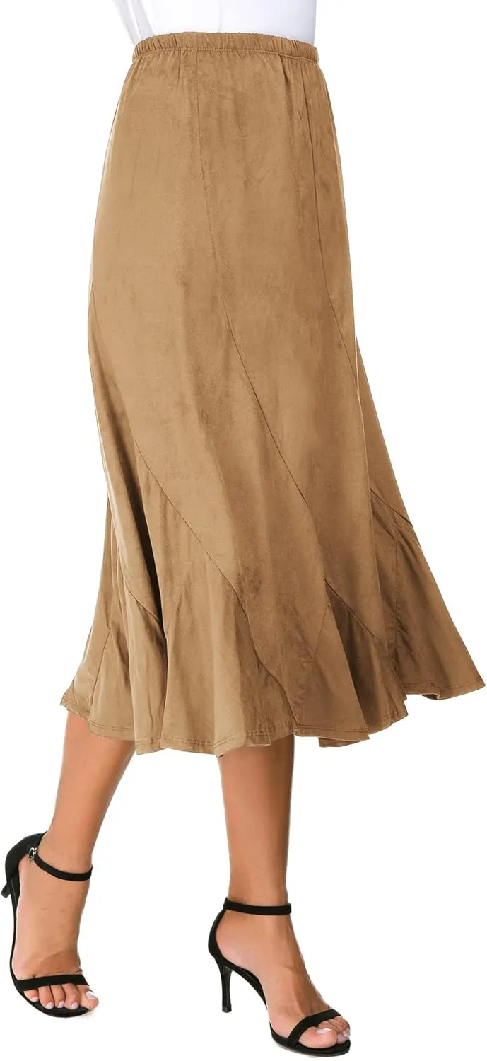 Women's Elegant Ankle Length Ruffle Hem Elastic Waist Suede Midi Skirt