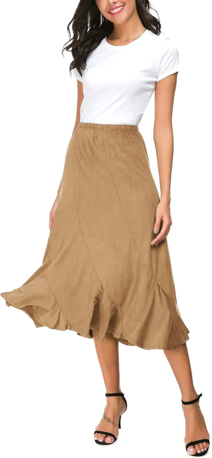 Women's Elegant Ankle Length Ruffle Hem Elastic Waist Suede Midi Skirt