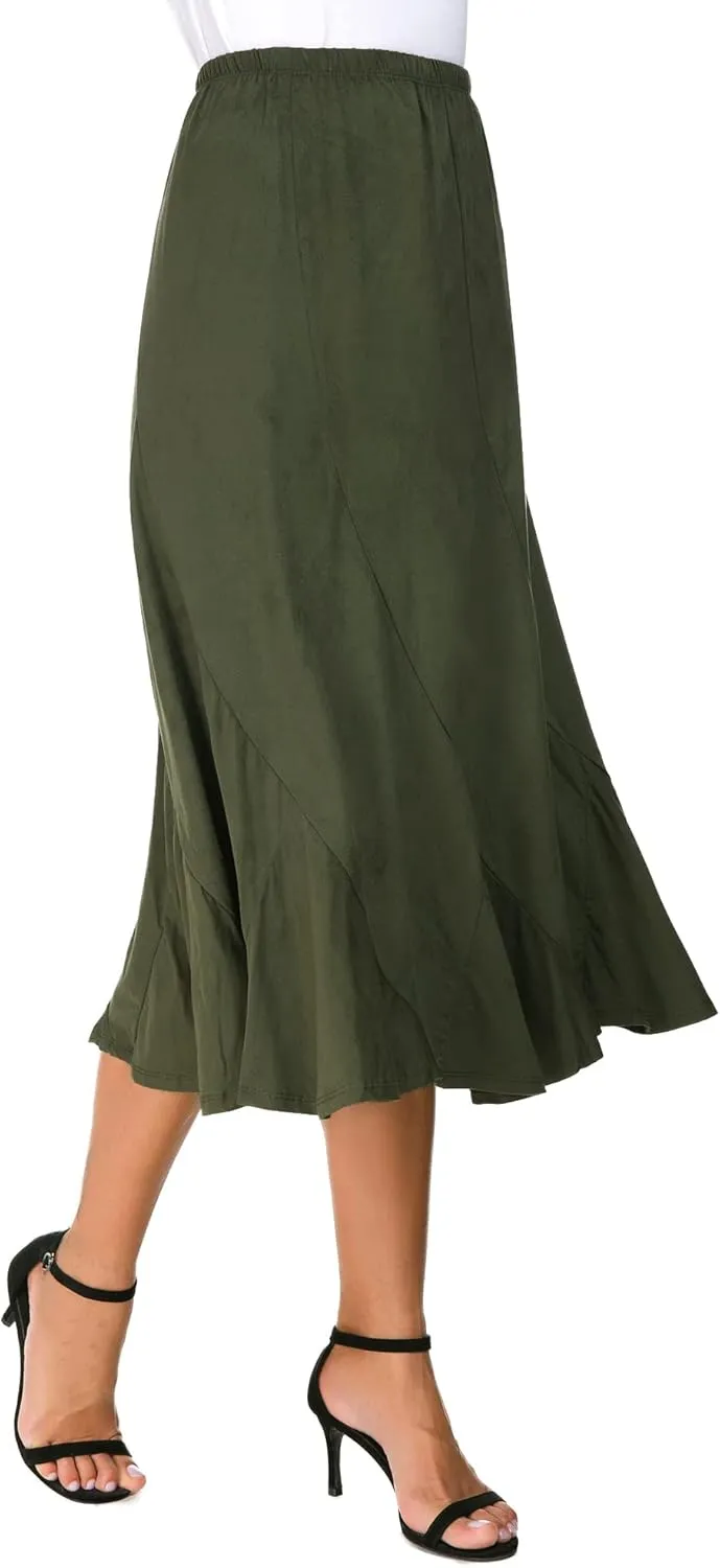 Women's Elegant Ankle Length Ruffle Hem Elastic Waist Suede Midi Skirt