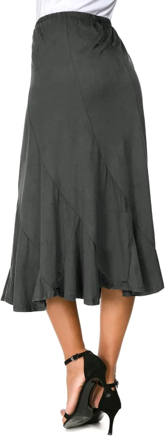 Women's Elegant Ankle Length Ruffle Hem Elastic Waist Suede Midi Skirt