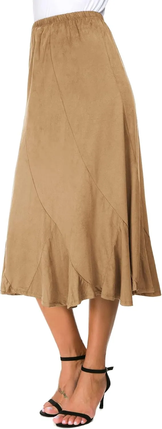 Women's Elegant Ankle Length Ruffle Hem Elastic Waist Suede Midi Skirt