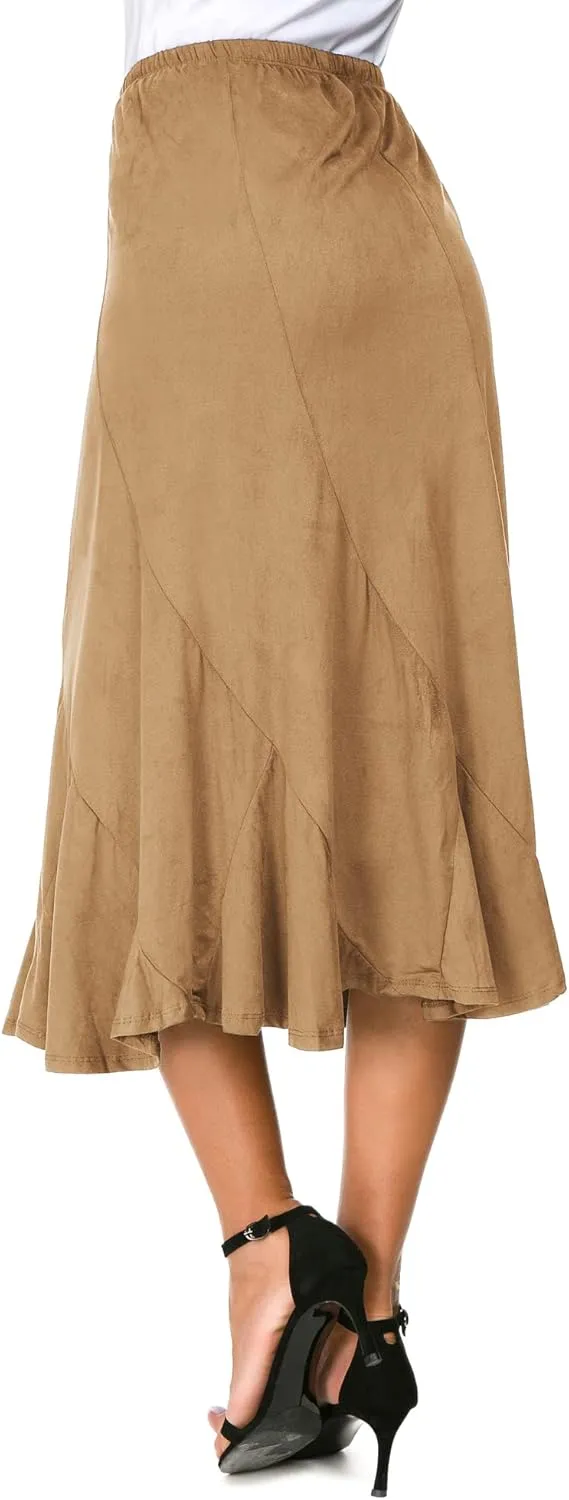 Women's Elegant Ankle Length Ruffle Hem Elastic Waist Suede Midi Skirt