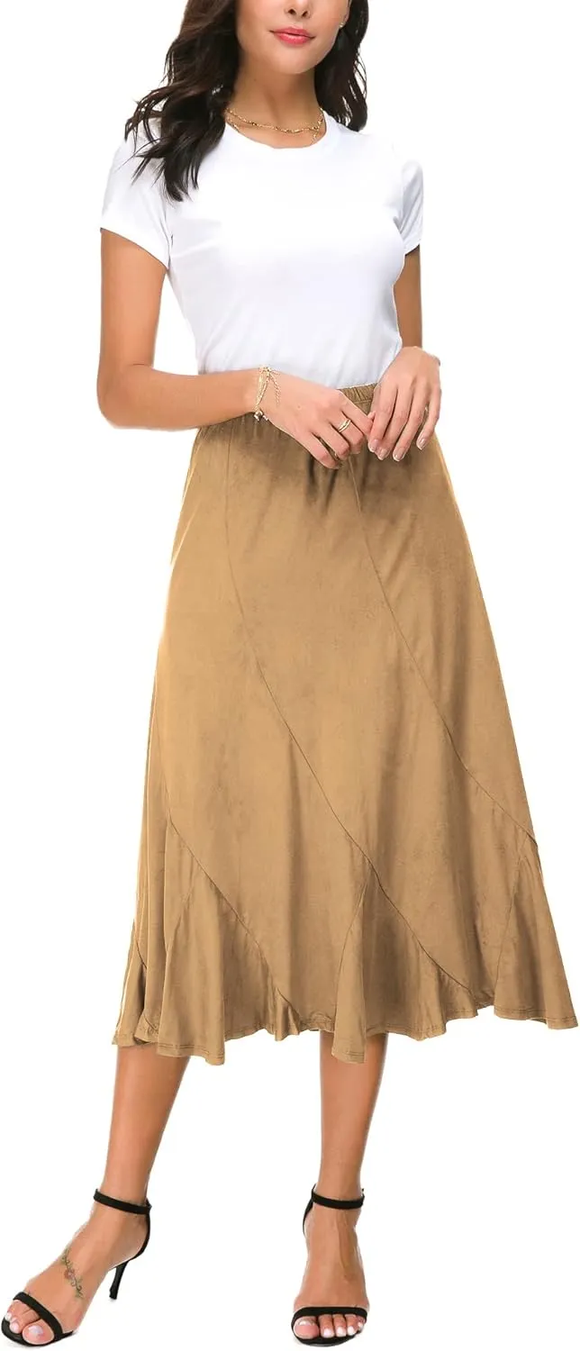 Women's Elegant Ankle Length Ruffle Hem Elastic Waist Suede Midi Skirt