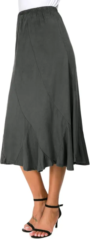 Women's Elegant Ankle Length Ruffle Hem Elastic Waist Suede Midi Skirt