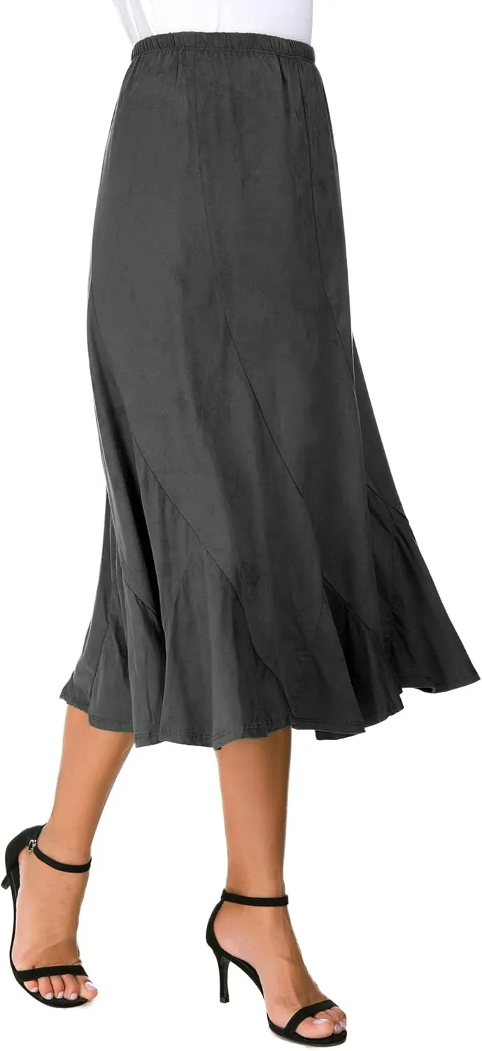 Women's Elegant Ankle Length Ruffle Hem Elastic Waist Suede Midi Skirt