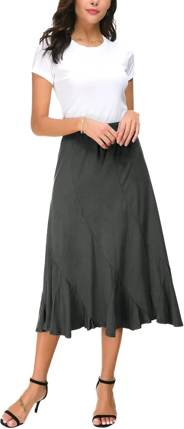 Women's Elegant Ankle Length Ruffle Hem Elastic Waist Suede Midi Skirt
