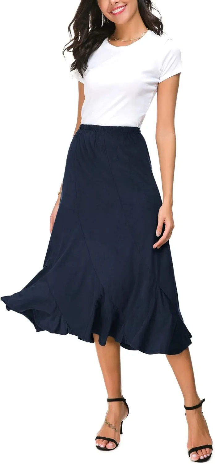 Women's Elegant Ankle Length Ruffle Hem Elastic Waist Suede Midi Skirt