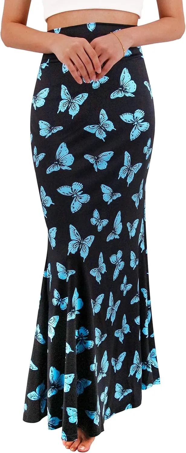 Womens Elegant Ditsy Floral Bodycon Skirts A Line Elastic High Waist Boho Maxi Long Skirt Work Party Novelty Skirt