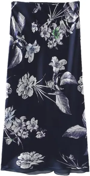 Women's Elegant Floral Print Elegant Like Silk Midi Skirt Sexy Lace Patchwork Satin Skirt